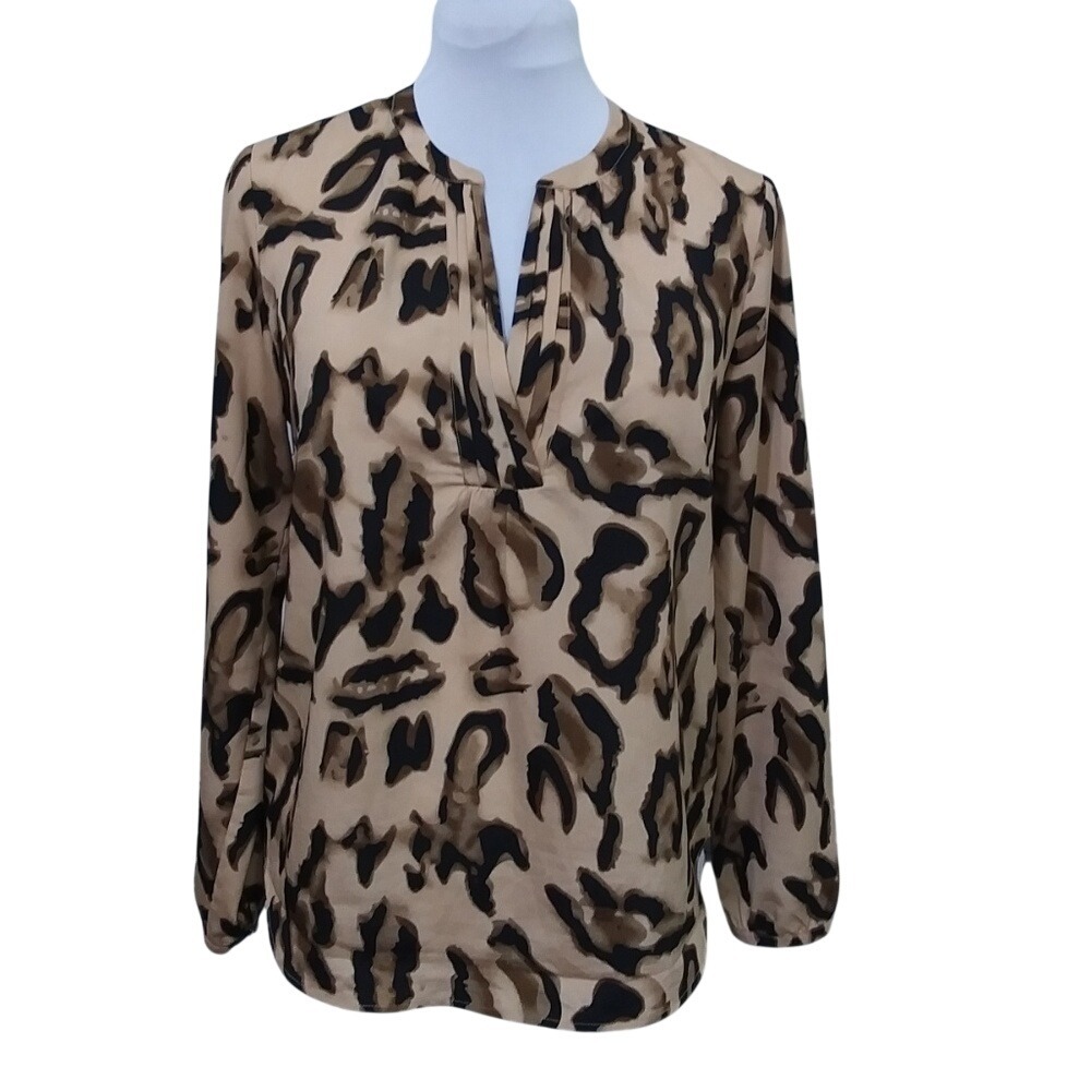 Milano‎ Womens Tan Brown Leopard Animal Print Split V-Neck Long Sleeve Blouse S